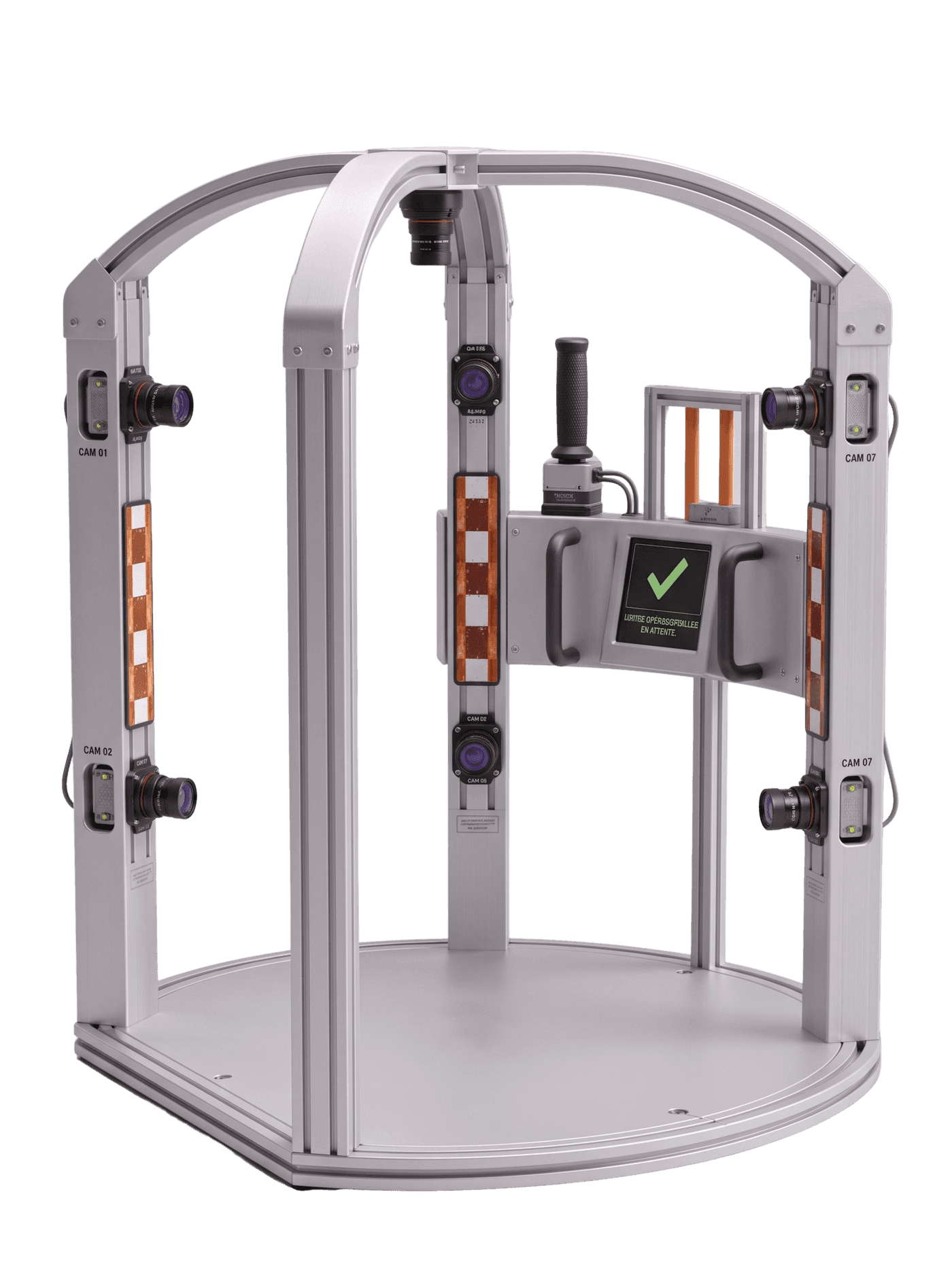 Design render of the test station: an aluminium-framed cell on a circular base plate, calibrated camera positions numbered around its uprights, printed reference targets down each upright, a reference handle, and an operator panel.